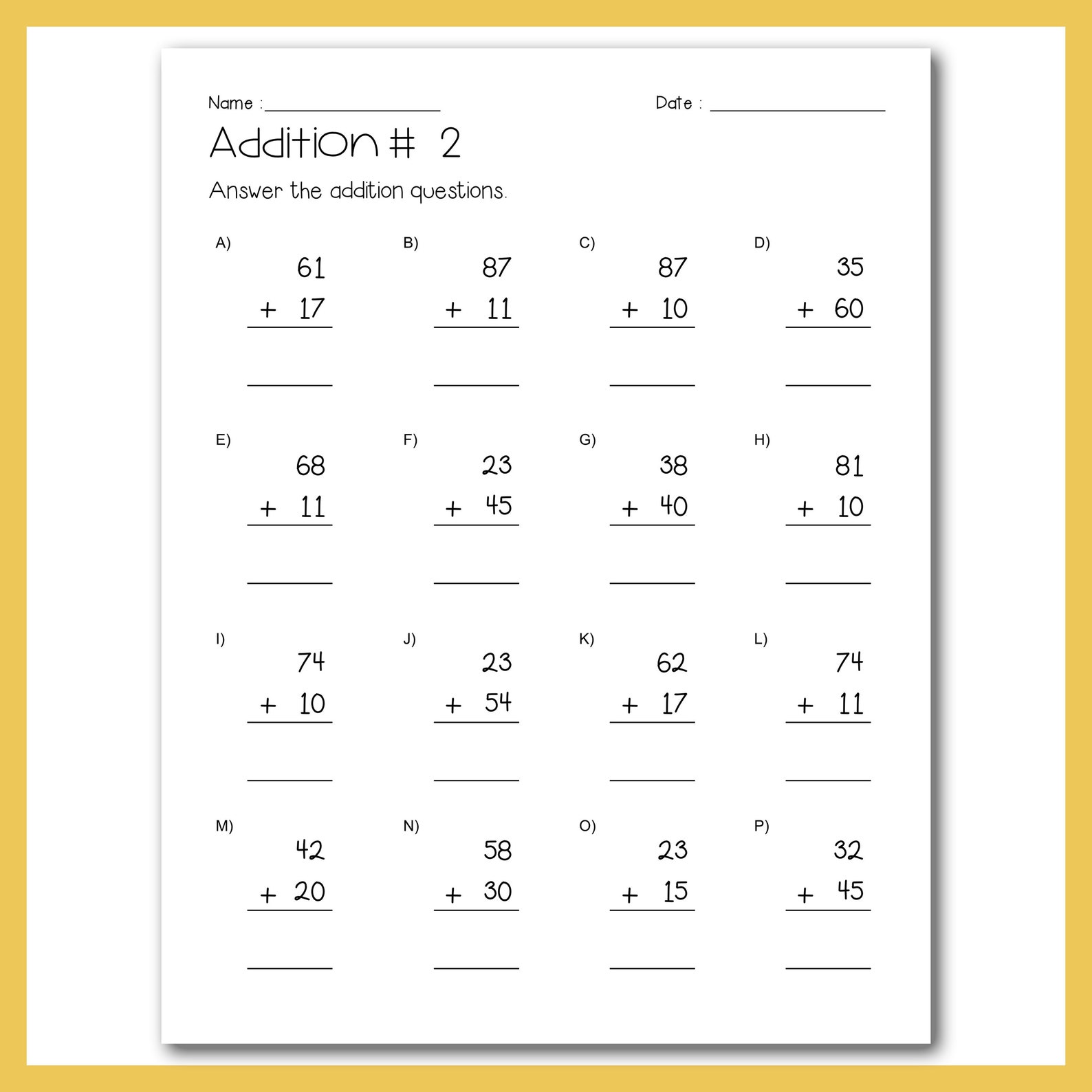 Two-digit Addition and Comparing Numbers Practice Worksheet (grades 1-3 ...