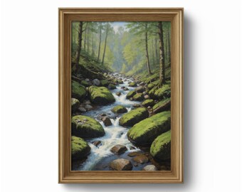 森の滝の絵画：穏やかな自然の風景（デジタルダウンロード） - Etsy 日本