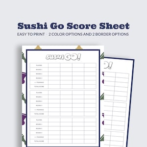 Puede incluir: Una hoja de puntuación imprimible de Sushi Go con el logotipo del juego en la parte superior. La hoja incluye espacios para jugadores, puntuaciones de ronda y puntuaciones totales. También incluye el texto "EASY TO PRINT - 2 COLOR OPTIONS AND 2 BORDER OPTIONS".