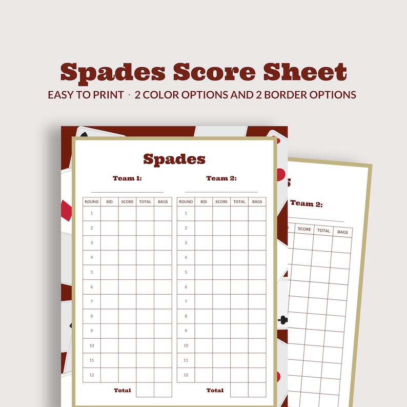 Spades Card Game Score Sheet, Printable Score Sheet, Spades Score Pad