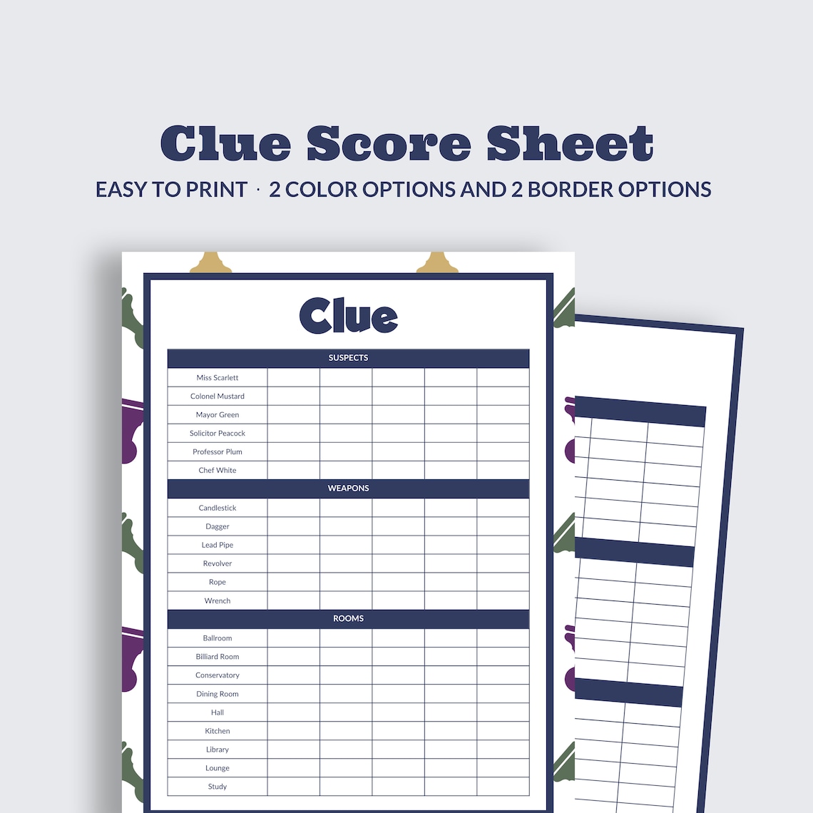Clue Game Score Sheet Printable Score Sheet Clue Score Pad Digital