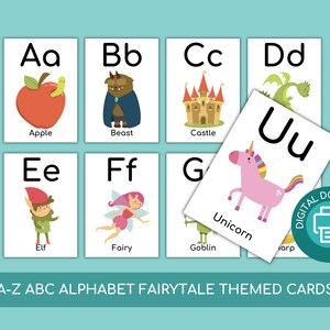 Sprookjes Alfabet flashcards voor kinderen A4/Letter ABC Interactieve kaarten Afdrukbare kaarten voor peuters Kinderen Klaslokaal Activiteit Educatief