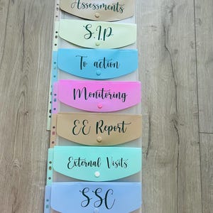 May include: A set of seven colourful plastic folders with clear pockets and labels. The labels are: Assessments, SIP, To action, Monitoring, EE Report, External Visits, and SSC.