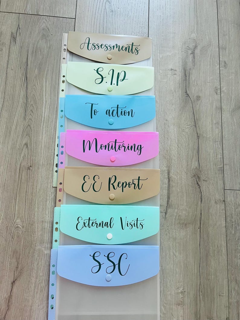 May include: A set of seven colourful plastic folders with clear pockets and labels. The labels are: Assessments, SIP, To action, Monitoring, EE Report, External Visits, and SSC.