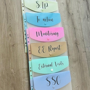 May include: A set of seven colourful plastic folders with labels for organising documents. The labels include "Assessments", "SIP", "To action", "Monitoring", "EE Report", "External Visits", and "SSC".