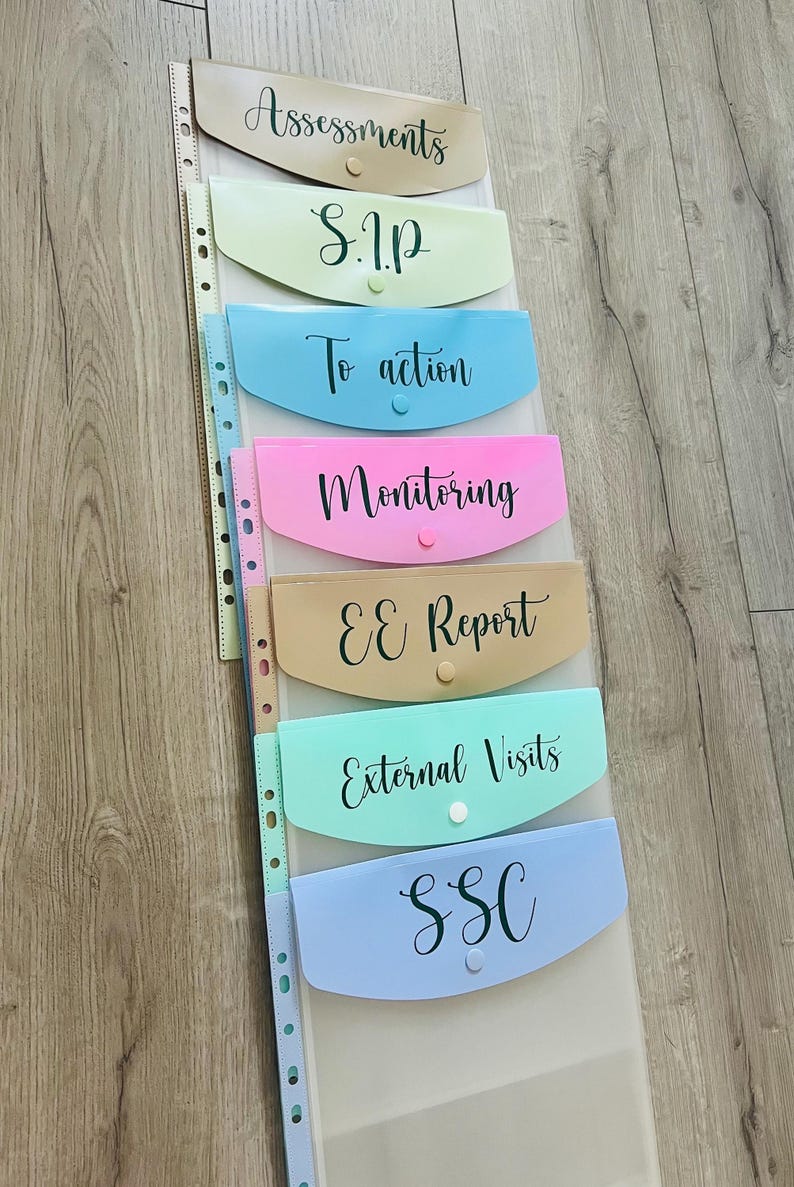 May include: A set of seven colourful plastic folders with labels for organising documents. The labels include "Assessments", "SIP", "To action", "Monitoring", "EE Report", "External Visits", and "SSC".