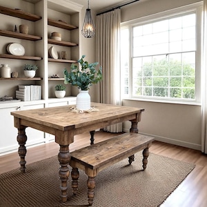 Dasha - Custom Built Dining Table with Bench - 100% Solid Wood - RH Table - Modern Rustic Farmhouse - Turned Legs - Handcrafted Dining Set