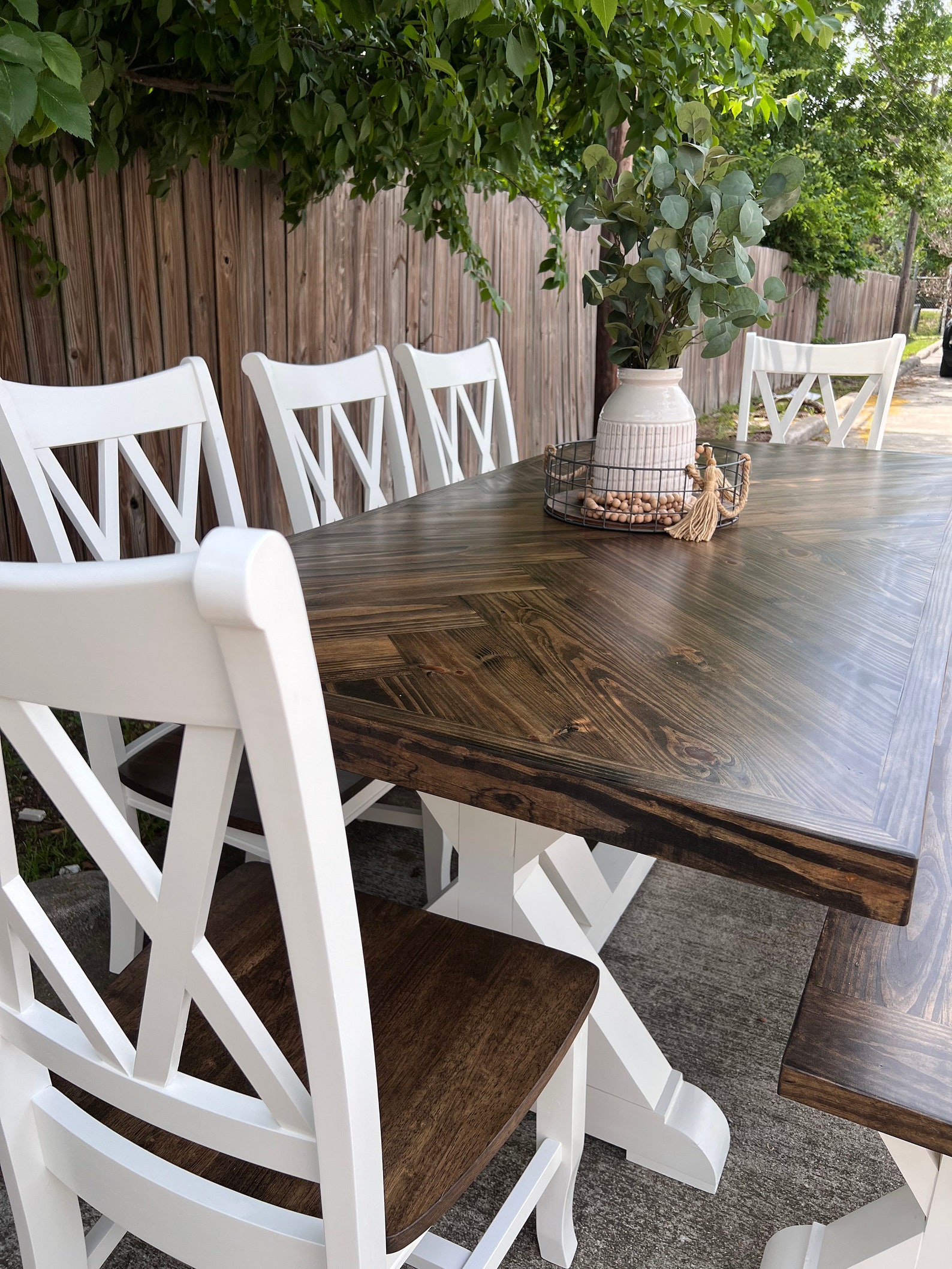 Solid Wood Dining Table Table Set Bench & Chairs - Herringbone Top ...