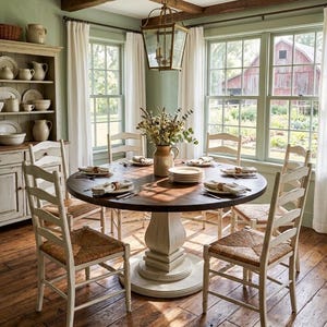 May include: A round wooden dining table with a dark brown top and a white pedestal base, surrounded by four white ladder-back chairs with woven seats. A ceramic pitcher filled with dried flowers sits in the center of the table with place settings.