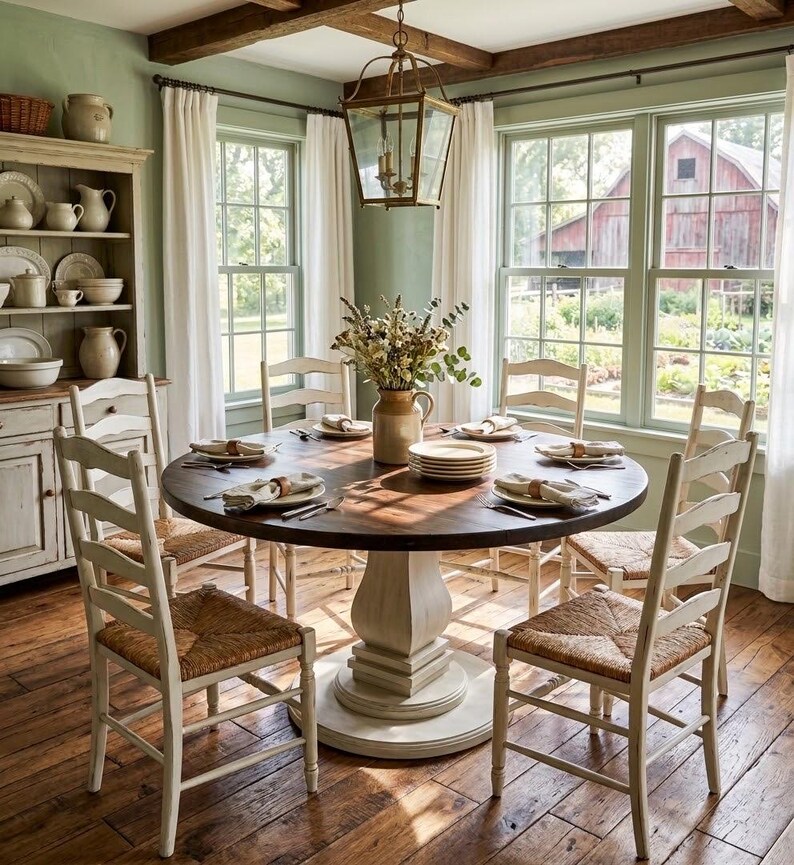 May include: A round wooden dining table with a dark brown top and a white pedestal base, surrounded by four white ladder-back chairs with woven seats. A ceramic pitcher filled with dried flowers sits in the center of the table with place settings.