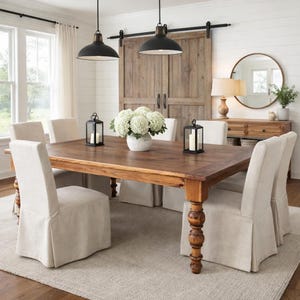May include: A rectangular wooden dining table with turned legs, surrounded by six beige slipcovered chairs. The table is set with a white floral centerpiece in a ceramic vase and two black metal lanterns with white candles inside.