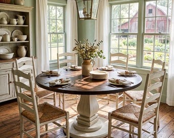 Solid Wood Round Dining Table Curved Base Pedestals - Solid Wood Table - Modern Rustic Table - Handcrafted Traditional Elegant - Amelia