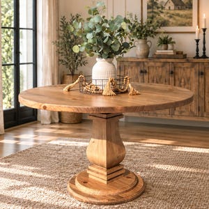 May include: A round wooden dining table with a thick, circular tabletop and a sturdy pedestal base. The table features a natural wood grain finish and is centered in the room. A white vase with green eucalyptus branches sits on the table.