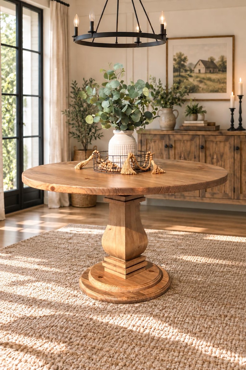 May include: A round wooden dining table with a thick, circular tabletop and a sturdy pedestal base. The table features a natural wood grain finish and is centered in the room. A white vase with green eucalyptus branches sits on the table.