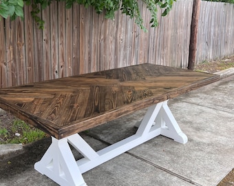 Customizable Solid Wood Dining Table Herringbone Pattern Chevron Farmhouse Dining Table - Modern Rustic Table - Handcrafted - DELLA