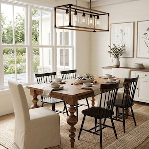 May include: A rectangular dining table with turned wooden legs, surrounded by a mix of black spindle chairs and beige upholstered chairs. Above the table hangs a rectangular black metal and wood chandelier with five clear glass pendant lights.
