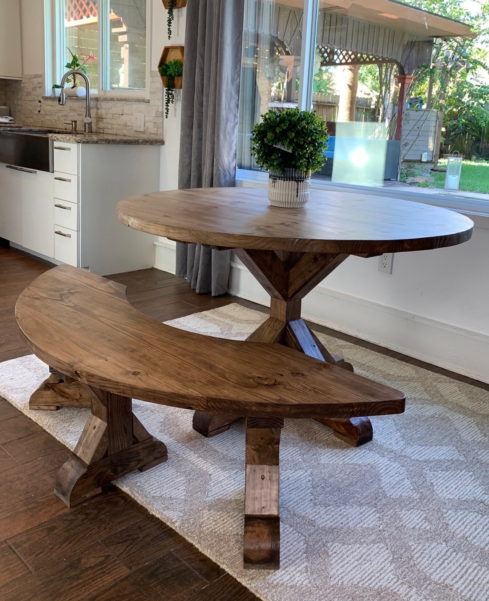 Handcrafted Solid Wood Farmhouse Round Dining Table & Curved Bench Set ...