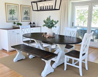 Handcrafted Solid Wood Oval Dining Table Set | Farmhouse Dining Table with Bench & Chairs | Solid Wood Oval Table | Made in USA - Della
