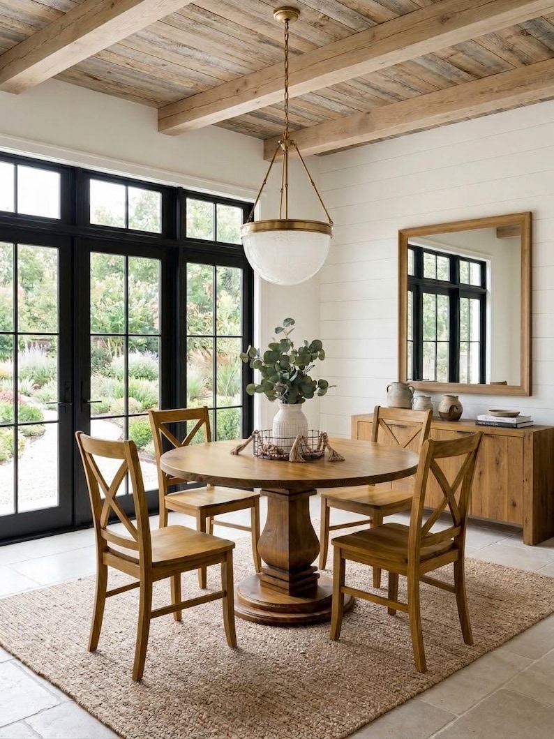 May include: A round wooden dining table with a pedestal base, surrounded by four wooden chairs with x-back designs. A white vase with green foliage sits in a wire basket on the table, beneath a large brass and glass pendant light fixture.