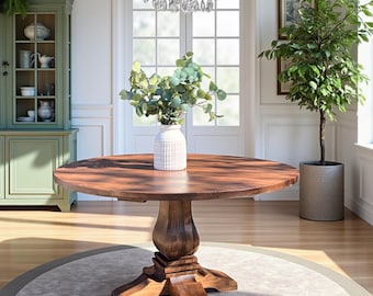 Solid Wood Round Dining Table Custom | Farmhouse Pedestal Dining Table | Handmade Kitchen Table Round | Rustic Modern Dining Table - AMORA