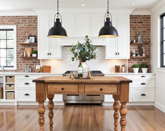 Kitchen Island Solid Wood Kitchen Work Table | Handcrafted Island Turned Legs | Custom Size Farmhouse Island | Rustic Prep Table - DASHA