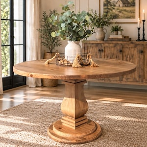 May include: A round wooden dining table with a thick, circular tabletop and a sturdy pedestal base. The table features a natural wood grain finish and is centered in the room. A white vase with green eucalyptus branches sits on the table.