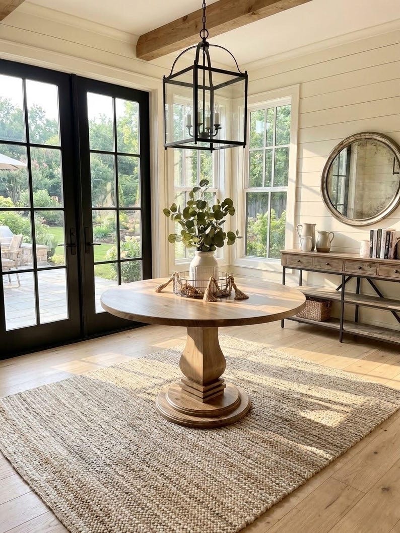May include: A round wooden pedestal table sits on a textured jute rug. On the table is a white vase with green foliage inside a wire basket with decorative tassels. Above hangs a black metal lantern pendant light in a room with white walls.