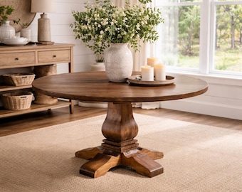 Solid Wood Round Dining Table Custom | Farmhouse Pedestal Dining Table | Handmade Kitchen Table Round | Rustic Modern Dining Table - AMORA