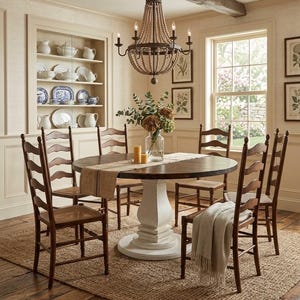 May include: A round wooden dining table with a white pedestal base, surrounded by six ladder-back chairs with woven seats. A burlap runner, a glass vase with flowers, and two candles sit on the table. A beaded chandelier hangs above the table.