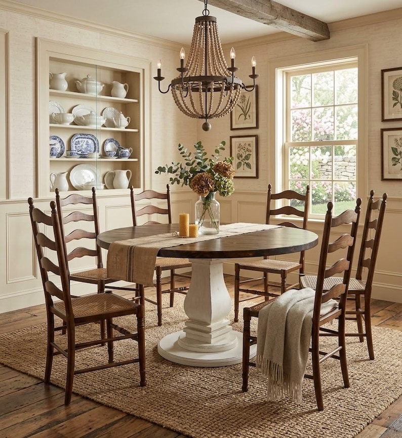 May include: A round wooden dining table with a white pedestal base, surrounded by six ladder-back chairs with woven seats. A burlap runner, a glass vase with flowers, and two candles sit on the table. A beaded chandelier hangs above the table.