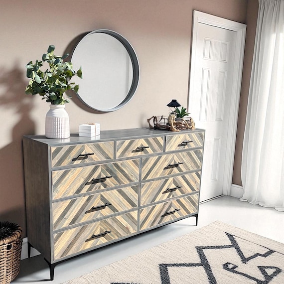 Winslow Handcrafted Chevron Wood Dresser | Solid Wood Storage Cabinet |  Custom Sizes | Modern Rustic Dresser | Mid Century Unique Style