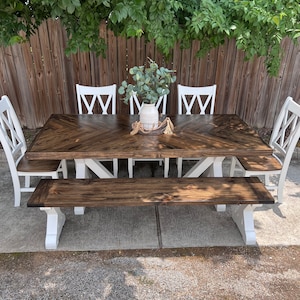 Solid Wood Dining Table Herringbone Top Solid Wood Table Set Bench ...