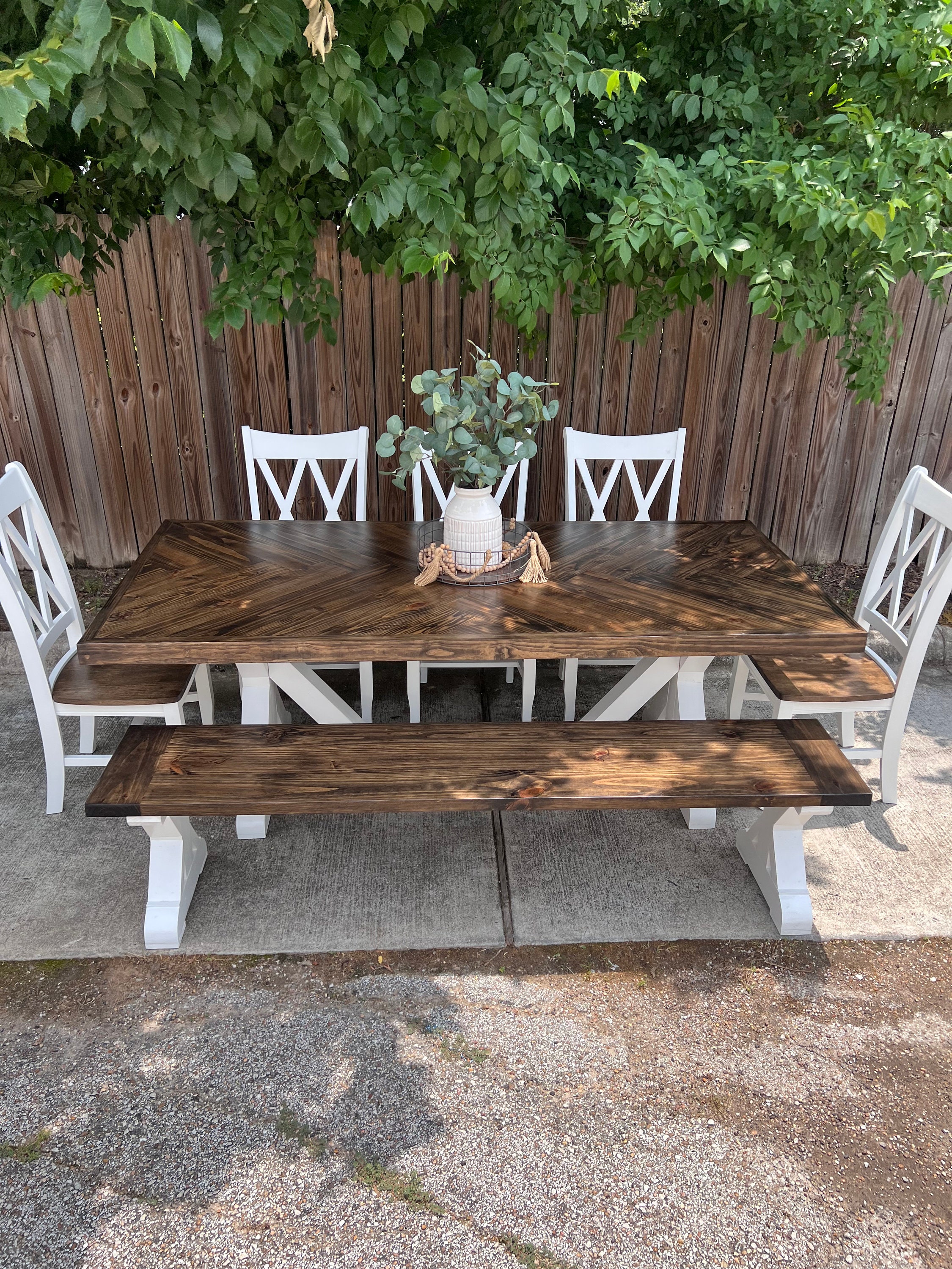 DELLA - Custom Dining Table Herringbone Pattern Solid Wood Table Set Bench Chairs - Farmhouse Dining Table - Rustic Table - Cottage Style
