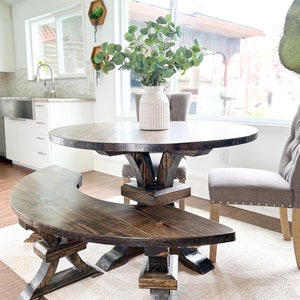 ELEANOR - Custom Round Dining Table & Bench Curved Base Pedestals - Solid Wood Table - Modern Rustic Table - Handcrafted Traditional Elegant