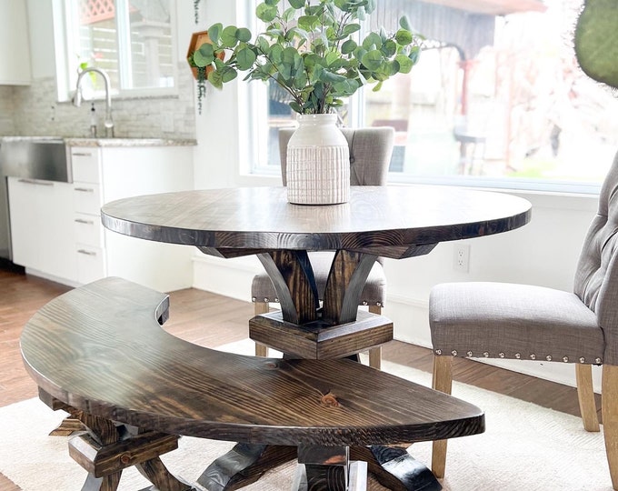 ELEANOR - Custom Round Dining Table & Bench Curved Base Pedestals ...