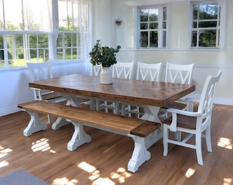 DELLA - Handcrafted Rustic Farmhouse Herringbone Top Pattern Solid Wood Dining Table Set Bench Chairs FREE SHIPPING Cottage Style Smooth top