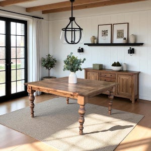 May include: A dining room featuring a large, rectangular wooden table with turned legs. The room includes a matching wooden sideboard, a neutral-toned rug, and a black chandelier. Decorative elements include framed art and a vase with greenery.