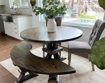 ELEANOR Custom Round Dining Table Bench Curved Base Pedestals