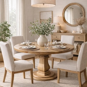 May include: A round wooden dining table with a central pedestal base, surrounded by four upholstered chairs with light beige fabric seats and wooden legs. The table is set with woven placemats, white plates, and clear glasses, featuring a central vase.