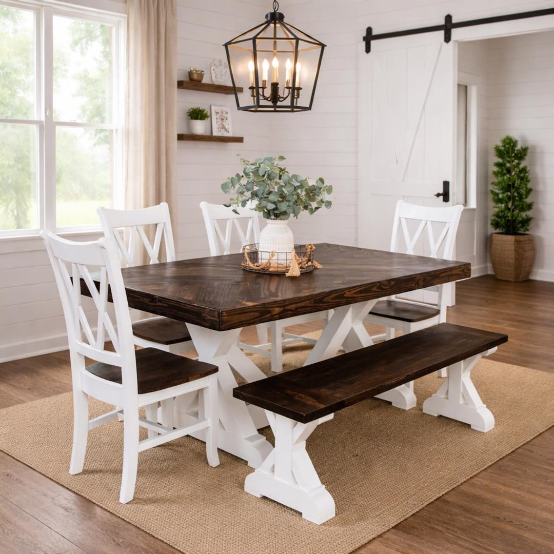 Solid Wood Dining Table Herringbone Top Solid Wood Table Set Bench ...