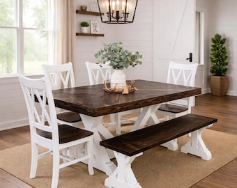 Solid Wood Dining Table Herringbone Top Solid Wood Table Set Bench Chairs - Farmhouse Dining Table - Rustic Table - Della - Made in TX