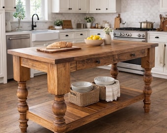 Kitchen Island Solid Wood Kitchen Work Table with Drawers Storage | Handcrafted Turned Legs  Farmhouse Island | Rustic Prep Table - DASHA