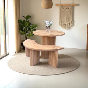 Solid wood Round Dining Table with Curved Bench – Custom Fluted Pedestal Base – Dining Set – Handcrafted Dining Table - Modern Chic SIENNA