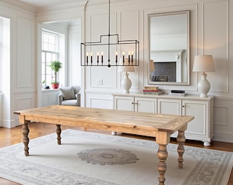 May include: A rectangular wooden dining table with a natural light brown finish and four turned legs, positioned in a room with white paneled walls, a large rectangular mirror, a white sideboard, and a black metal linear chandelier above.