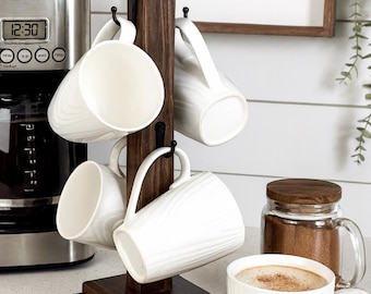 Handcrafted Countertop Coffee Mug Holder Coffee Cup Wood Holder Stand Tree 4 hooks Solid Wood Farmhouse Coffee Bar Stand Rack Made in USA