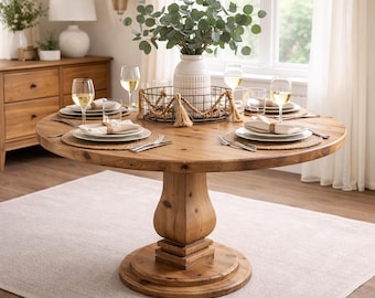 Custom Round Dining Table, Solid Wood Farmhouse Table, Handmade Dining Table, Modern Organic Kitchen Table, Round Pedestal Table - AMELIA