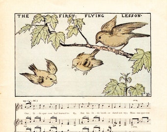 Antique 1896 Original Illustration, Bookplate  Print by Walter Bobbett, The First Flying Lesson, Birds with Music Score, Wall Decor, Musical