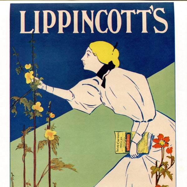 Vintage Art Nouveau Art Poster Bookplate, Illustration Print, Wall Decor, Lippincott's Book Publisher, Woman in Garden 1980's Book Print,