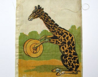 Timeworn Aged Antique  Child's Muslin Book Page, Giraffe Playing the Cymbals and Bells, Junk Journal, Sewing c 1910