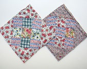 Two 9 Patch Diamond on Square Design 1930 39 s Vintage Feed sack Fabrics Quilt Blocks, Quilt Squares for Sewing, Decor, Projects